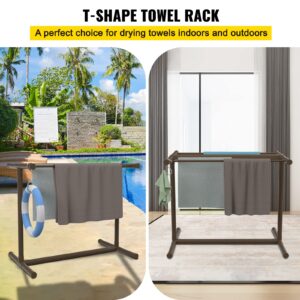 VEVOR Pool Towel Rack, 5 Bar, Brown, Freestanding Outdoor PVC T-Shape Poolside Storage Organizer, Include 8 Towel Clips, Mesh Bag, Hook, Also Stores Floats and Paddles, for Beach, Swimming Pool, Home