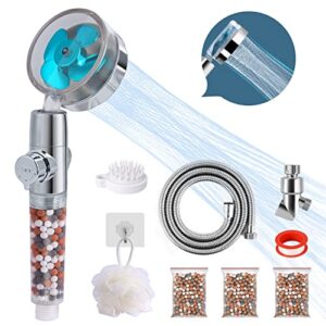 high pressure shower head, turbo fan vortex shower head hydro jet handheld shower head with hose, filtered shower propeller, 360 degrees rotating, one key pause switch, filtration mineral stone beads