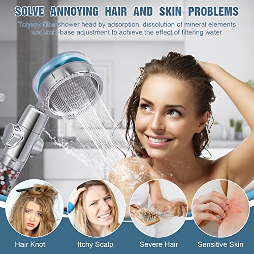 High Pressure Shower Head, Turbo Fan Vortex Shower Head Hydro Jet Handheld Shower Head with Hose, Filtered Shower Propeller, 360 Degrees Rotating, One Key Pause Switch, Filtration Mineral Stone Beads