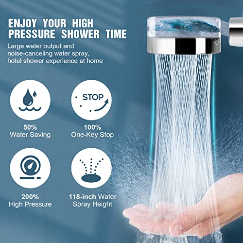 High Pressure Shower Head, Turbo Fan Vortex Shower Head Hydro Jet Handheld Shower Head with Hose, Filtered Shower Propeller, 360 Degrees Rotating, One Key Pause Switch, Filtration Mineral Stone Beads