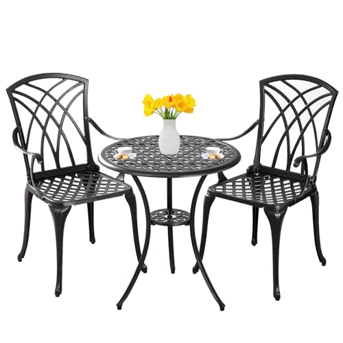 Withniture Outdoor 3 Piece Bistro Set Cast Aluminum Bistro Table and Chairs Set of 2, All Weather Bistro Patio Set, Patio Furniture for Garden Black