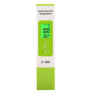 pissente water tester, c 100 5 in 1 salinity tester, multi usage temperature ec seawater tester, plastic digital water quality tester with backlight for aquariums water, 6.3 x 1.3 x 0.6 in