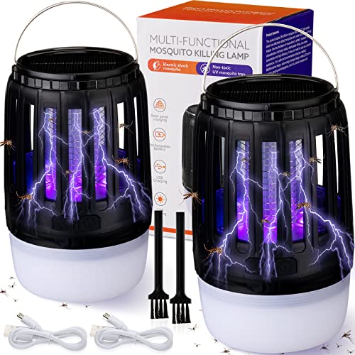 2 Pack 3 in 1 Mosquito Zapper Killer with Solar and USB Rechargeable Waterproof Mosquito Lamp Gnats Flying Trap for Outdoor & Indoor Led Lantern for Home, Camping, Backyard, Patio