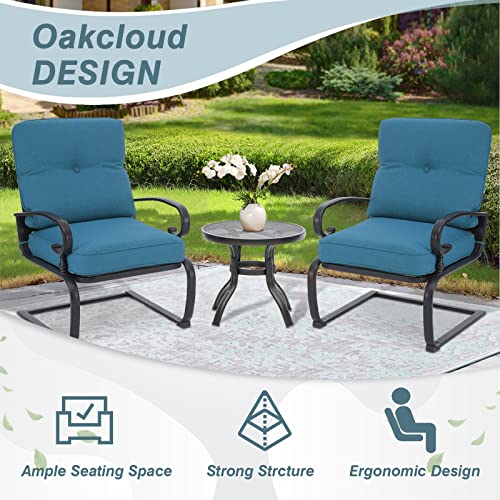 Oakcloud Outdoor Bistro Set 3-Piece Spring Metal Lounge Cushioned Chairs and Bistro Table Set Wrought Iron Cafe Furniture Seat, Blue