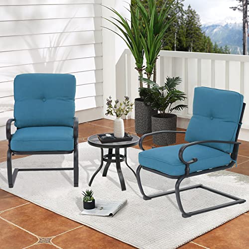 Oakcloud Outdoor Bistro Set 3-Piece Spring Metal Lounge Cushioned Chairs and Bistro Table Set Wrought Iron Cafe Furniture Seat, Blue