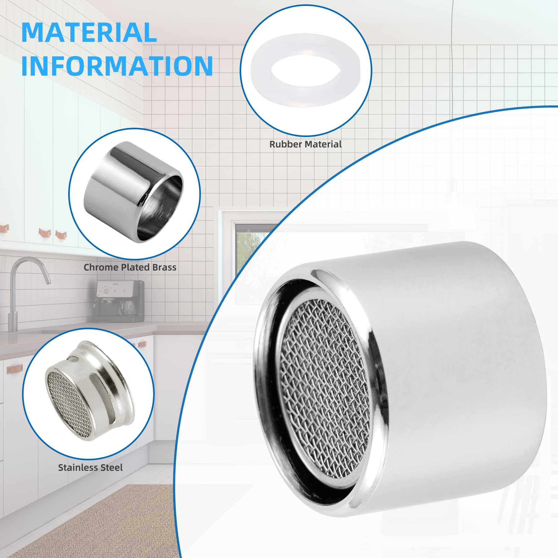 iFealClear 4 PCS Faucet Aerator, Kitchen Sink Aerator Faucet Filter with Solid Brass Shell, 55/64 inch Female Thread Water Saving Faucet Aerator with Gasket for Kitchen and Bathroom, Chrome