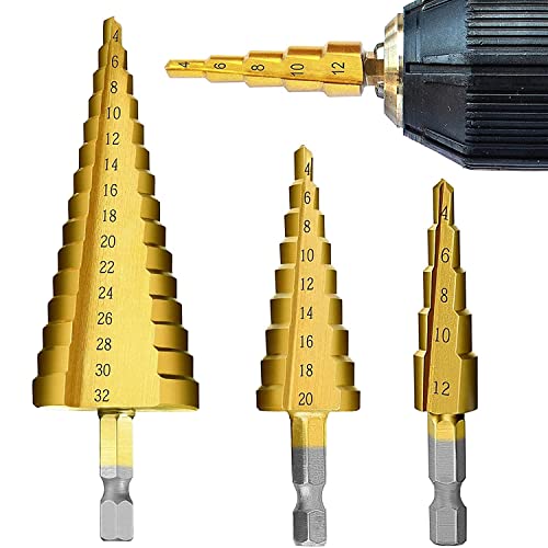 Chargenyang 3 Pcs Straight Grooved Step Drill Bit Set, High Step Steel Titanium Drill Bits Set Power Tools 4-12/4-20/4-32mm Hex Shank Drive, HSS Cut Tool Set for Metal Wood Steel DIY Plastic