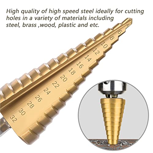 Chargenyang 3 Pcs Straight Grooved Step Drill Bit Set, High Step Steel Titanium Drill Bits Set Power Tools 4-12/4-20/4-32mm Hex Shank Drive, HSS Cut Tool Set for Metal Wood Steel DIY Plastic