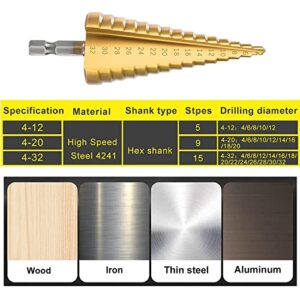 Chargenyang 3 Pcs Straight Grooved Step Drill Bit Set, High Step Steel Titanium Drill Bits Set Power Tools 4-12/4-20/4-32mm Hex Shank Drive, HSS Cut Tool Set for Metal Wood Steel DIY Plastic