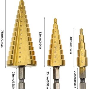 Chargenyang 3 Pcs Straight Grooved Step Drill Bit Set, High Step Steel Titanium Drill Bits Set Power Tools 4-12/4-20/4-32mm Hex Shank Drive, HSS Cut Tool Set for Metal Wood Steel DIY Plastic