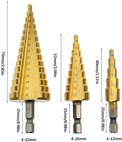 Chargenyang 3 Pcs Straight Grooved Step Drill Bit Set, High Step Steel Titanium Drill Bits Set Power Tools 4-12/4-20/4-32mm Hex Shank Drive, HSS Cut Tool Set for Metal Wood Steel DIY Plastic