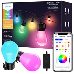 zuukoo light smart outdoor string lights, 48ft rgb patio lights with 15 dimmable led bulbs, app control, ip67 waterproof, timer, warm white lights and music sync for balcony, backyard, party