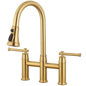 brushed gold bridge kitchen faucet with pull down sprayer, lava odoro transitional brass kitchen sink faucet 3 hole 2 handle spot-resistant, lead-free, kf501-sg