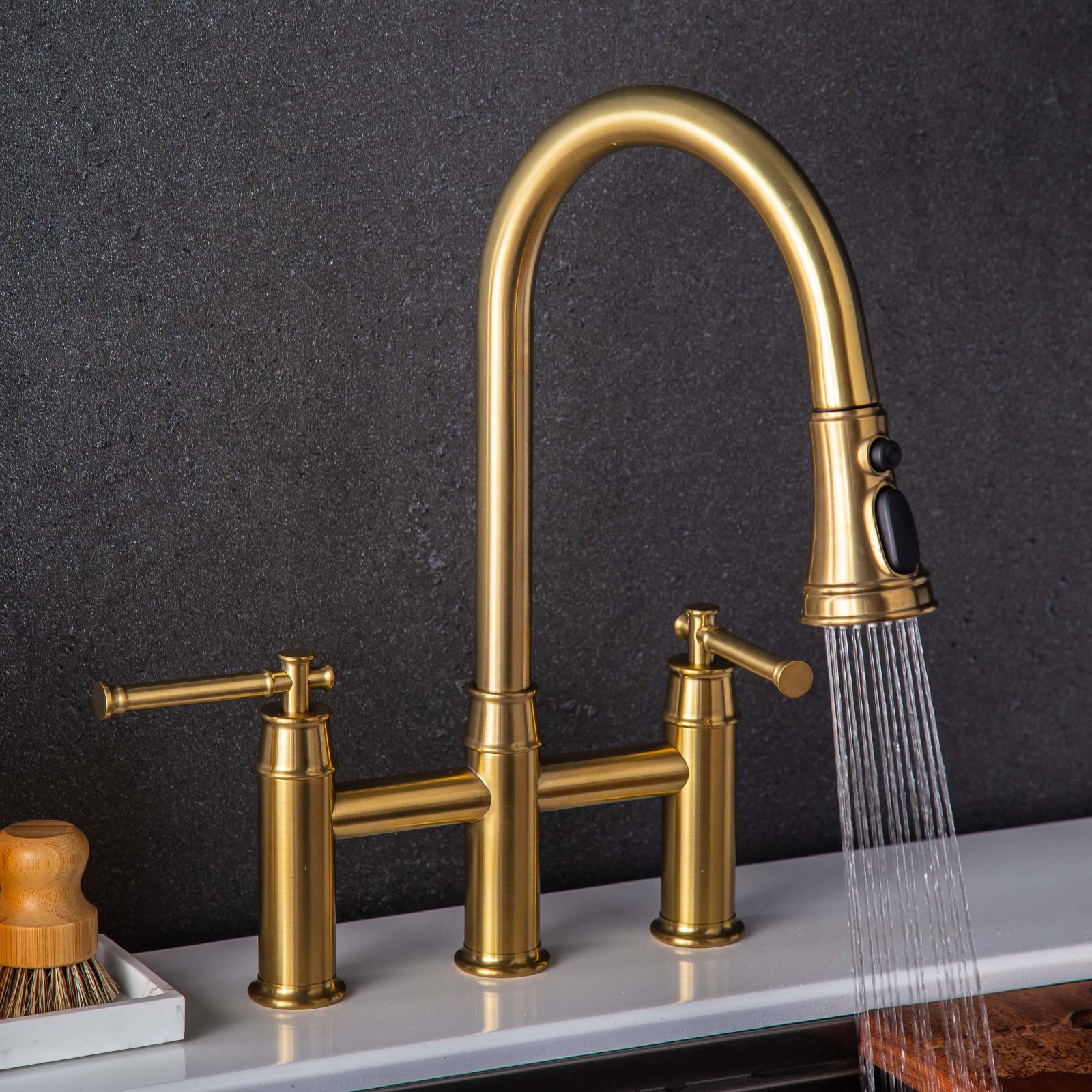 Brushed Gold Bridge Kitchen Faucet with Pull Down Sprayer, Lava Odoro Transitional Brass Kitchen Sink Faucet 3 Hole 2 Handle Spot-Resistant, Lead-Free, KF501-SG