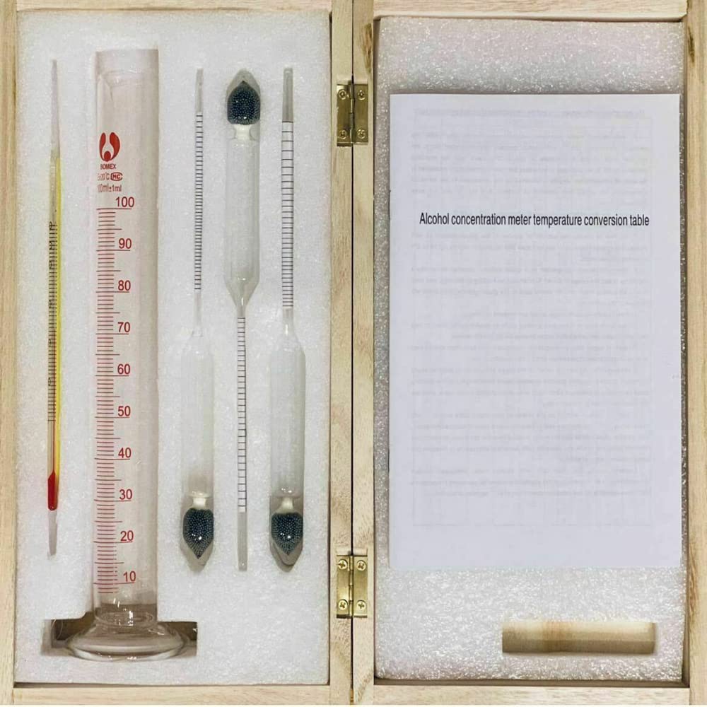 5 Pieces Alcoholmeter Accurate Alcohol Hydrometer Kit 0-100% ABV, for Spirits Whiskey Moonshine Distilling Liquor Testing with Glass Test Jar Wooden Storage Box (Wooden Box)