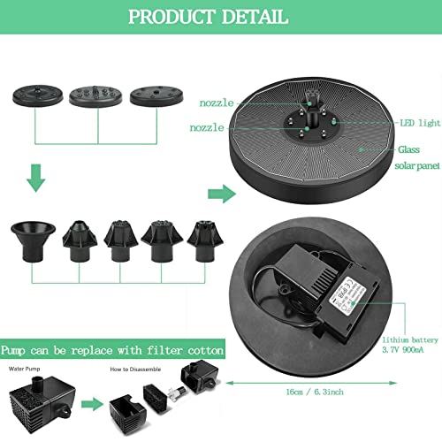 Solar Fountain, Bird Bath Fountains Solar Power Glass Panel with Battery Automatic Power Off After Leaving Water, 3W Solar Fountain Pump for Bird Bath with Color LED Light for Pond, Pool, Outdoor