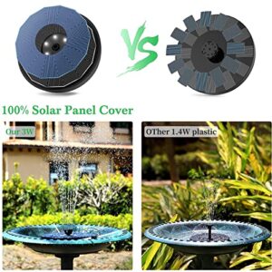 Solar Fountain, Bird Bath Fountains Solar Power Glass Panel with Battery Automatic Power Off After Leaving Water, 3W Solar Fountain Pump for Bird Bath with Color LED Light for Pond, Pool, Outdoor