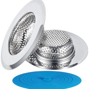 3 Pack Kitchen Sink Strainer Stopper Kit, Universal Silicone Drain Cover, Large Wide Rim 4.5" Stainless Steel Sink Drain Strainer, Food Catcher for Kitchen Sink