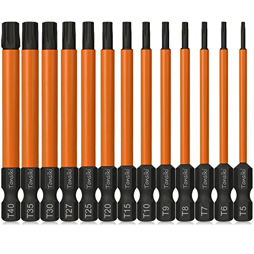 Torx Bit Set, Tonsiki 13PCS Security Torx Bit Set, Tamper Resistant Star Bits Set S2 Steel, 1/4'' Hex Shank Screwdriver Bit with Magnetic, 3'' Long, T5-T40