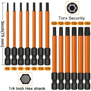 Torx Bit Set, Tonsiki 13PCS Security Torx Bit Set, Tamper Resistant Star Bits Set S2 Steel, 1/4'' Hex Shank Screwdriver Bit with Magnetic, 3'' Long, T5-T40