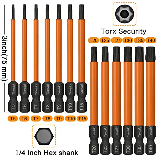 Torx Bit Set, Tonsiki 13PCS Security Torx Bit Set, Tamper Resistant Star Bits Set S2 Steel, 1/4'' Hex Shank Screwdriver Bit with Magnetic, 3'' Long, T5-T40