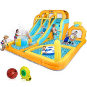 joymor giant inflatable water slide park w/splash & deep pool, double long water slides, climbing wall, blow up bounce house for kids backyard party (included 750w blower)