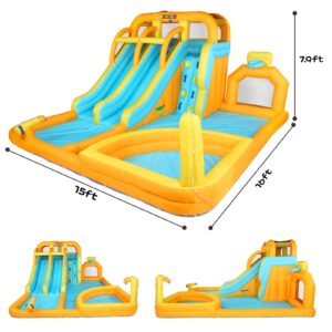 JOYMOR Giant Inflatable Water Slide Park w/Splash & Deep Pool, Double Long Water Slides, Climbing Wall, Blow Up Bounce House for Kids Backyard Party (Included 750w Blower)