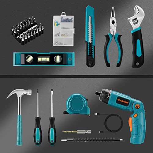 ALEAPOW 124PCS 4V Cordless Screwdriver Tool Kit Set, 6+1 Torque Setting, Adjustable 3 Position, 4Nm Electric Screwdriver, Flexible Shaft, Hand Tool Kit for Home with Storage Toolbox