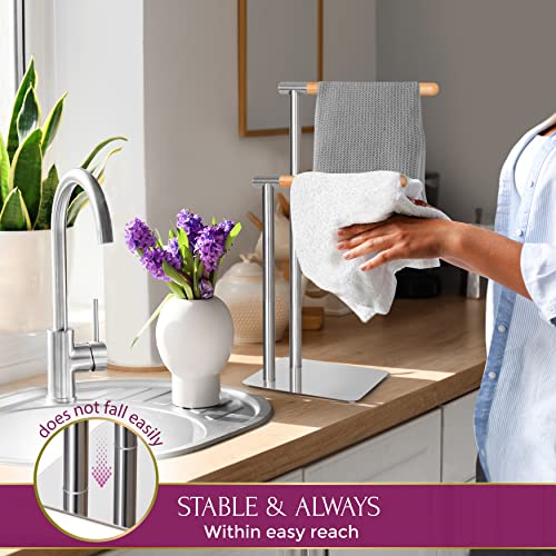 Simply Glamr Hand Towel Stand for Bathroom Counter - 304 Stainless Steel and Bamboo Hand Towel Holder Stand for 2 Towels, Modern Countertop Towel Stand with Non-Slip Pads