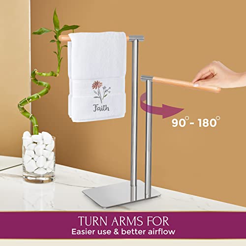 Simply Glamr Hand Towel Stand for Bathroom Counter - 304 Stainless Steel and Bamboo Hand Towel Holder Stand for 2 Towels, Modern Countertop Towel Stand with Non-Slip Pads