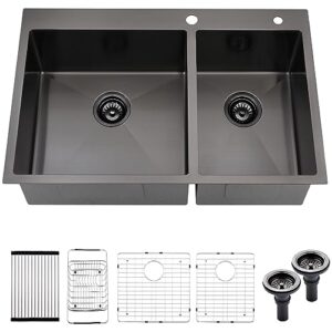 33 inch drop in black double bowl kitchen sink, gabhar 33" x 22" 16gauge topmount black stainless steel 60/40 double bowl kitchen sinks