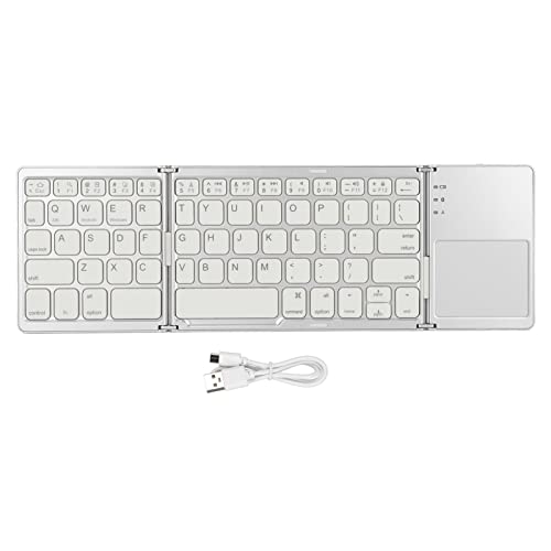 Hilitand Folding Wireless Bluetooth Keyboard with Touchpad,3 Folds 63 Keys Portable Slim Keyboard with Trackpad,for Smartphone Tablet Laptop,for Android for Windows for iOS(Silver White)