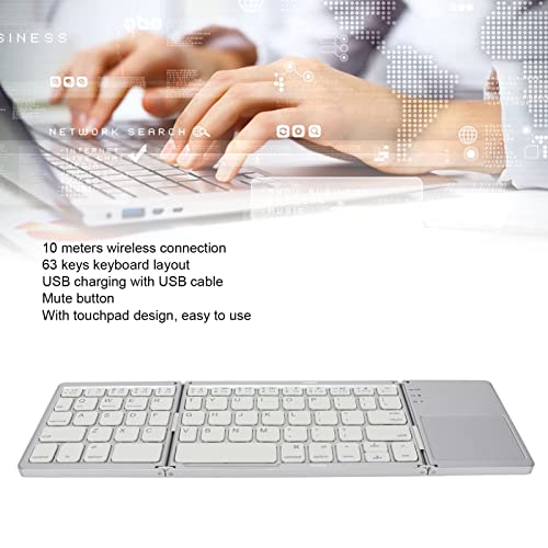 Hilitand Folding Wireless Bluetooth Keyboard with Touchpad,3 Folds 63 Keys Portable Slim Keyboard with Trackpad,for Smartphone Tablet Laptop,for Android for Windows for iOS(Silver White)