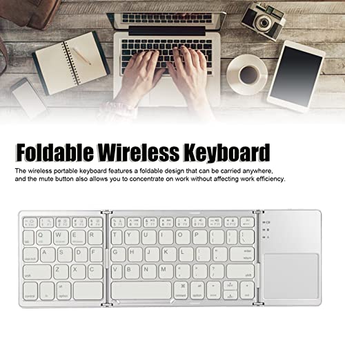 Hilitand Folding Wireless Bluetooth Keyboard with Touchpad,3 Folds 63 Keys Portable Slim Keyboard with Trackpad,for Smartphone Tablet Laptop,for Android for Windows for iOS(Silver White)