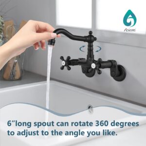 Aolemi Wall Mounted Kitchen Faucet Wall Mount Laundry Sink Faucet,with 2 Cross Handle and 6 Inch Spout,Adjustable Center 3 Inch to 9 Inch,Matte Black