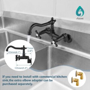 Aolemi Wall Mounted Kitchen Faucet Wall Mount Laundry Sink Faucet,with 2 Cross Handle and 6 Inch Spout,Adjustable Center 3 Inch to 9 Inch,Matte Black