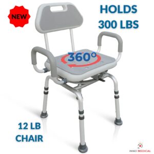 Inno Medical Premium Bathroom Swivel Padded Shower Chair Bath Bench with Back, 360 Degree Swivel Seat with Locking Mechanism and Center Lever for Easy Swivel