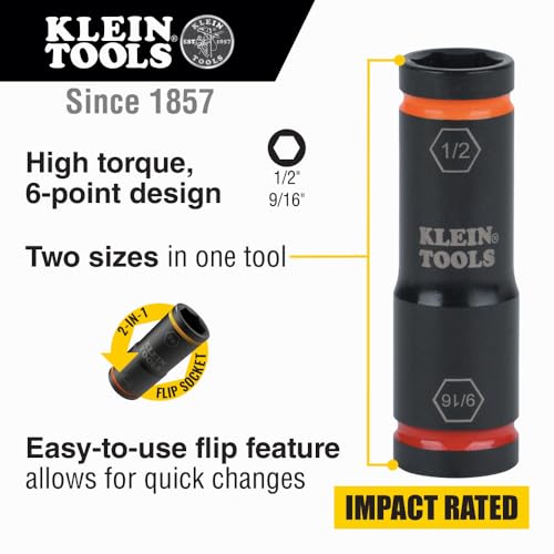 Klein Tools 66076 Impact Driver Flip Socket, 9/16- and 1/2-Inch Sizes, Use with Klein Tools Compact Impact Wrenches BAT20CW, BAT20CW1