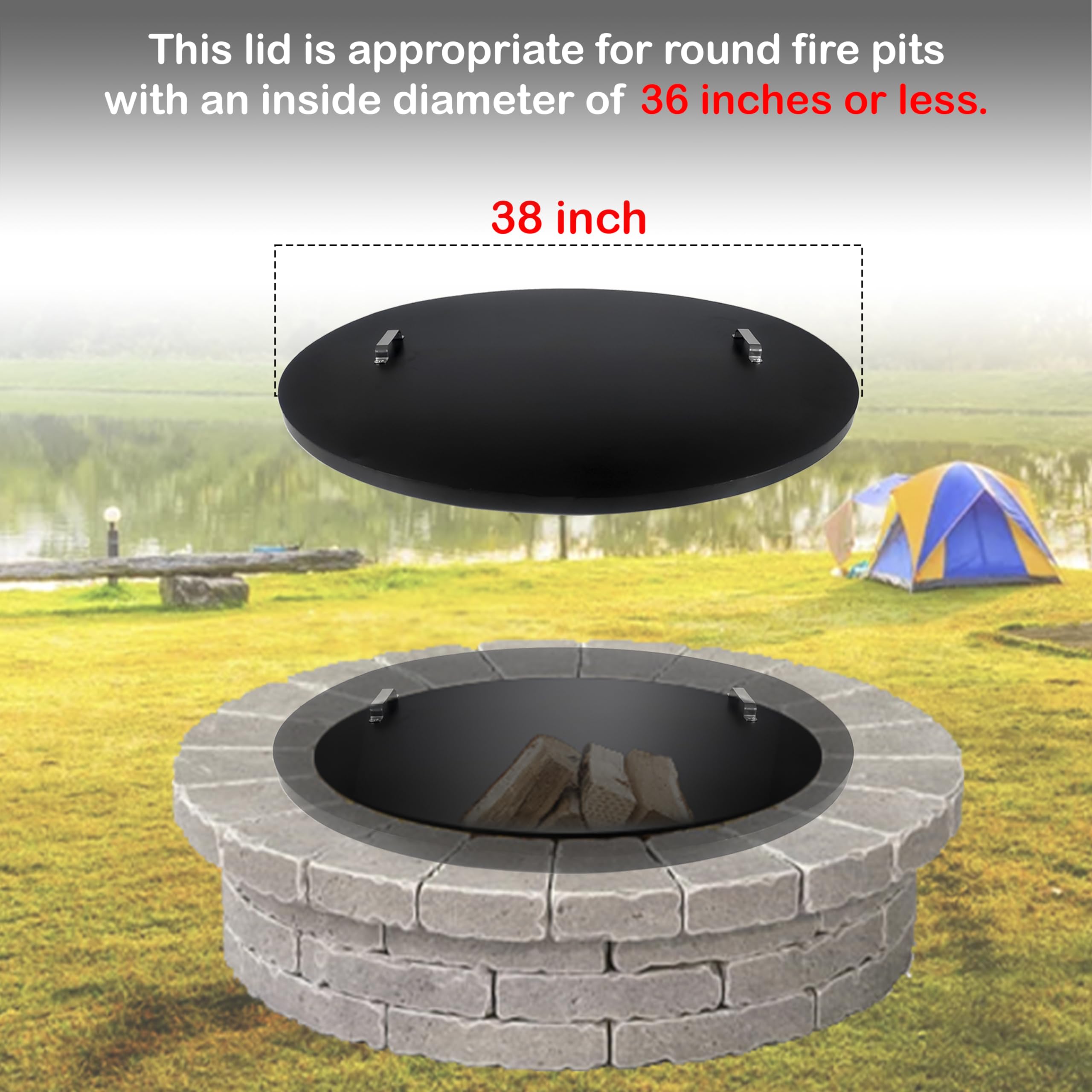 Fire Pit Cover Round, Snuffer Lid Ring Finish 38” inch Diameter, Drop-in Burner Fire Pit Pan Lid- 1.5 mm Thickness, Grill Fire Ring Lid with Handle