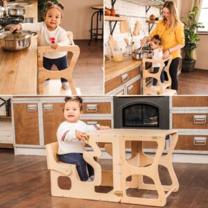 WoodandHearts Montessori Step Stool for toddlers - 2 in 1 Multifunctional Learning Tower - Kitchen Standing Helper (with shapes cutouts)