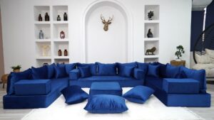 8" thickness royal blue u shaped floor seating sofas, sofa bed couch, luxury velvet sofas, moroccan home decor livingroom sofas, arabic seating sofa (u sofa + ottoman + pillows)