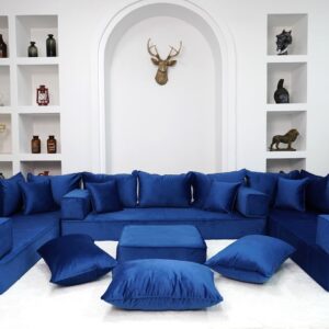 8" Thickness Royal Blue U Shaped Floor Seating Sofas, Sofa Bed Couch, Luxury Velvet Sofas, Moroccan Home Decor Livingroom Sofas, Arabic Seating Sofa (U Sofa + Ottoman + Pillows)