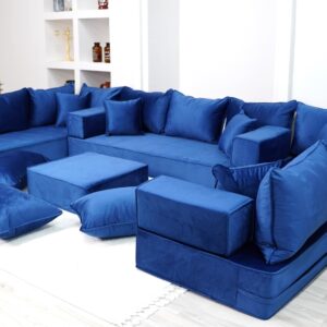 8" Thickness Royal Blue U Shaped Floor Seating Sofas, Sofa Bed Couch, Luxury Velvet Sofas, Moroccan Home Decor Livingroom Sofas, Arabic Seating Sofa (U Sofa + Ottoman + Pillows)