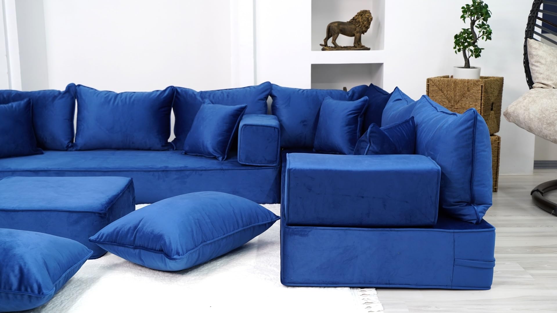 8" Thickness Royal Blue U Shaped Floor Seating Sofas, Sofa Bed Couch, Luxury Velvet Sofas, Moroccan Home Decor Livingroom Sofas, Arabic Seating Sofa (U Sofa + Ottoman + Pillows)