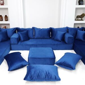 8" Thickness Royal Blue U Shaped Floor Seating Sofas, Sofa Bed Couch, Luxury Velvet Sofas, Moroccan Home Decor Livingroom Sofas, Arabic Seating Sofa (U Sofa + Ottoman + Pillows)