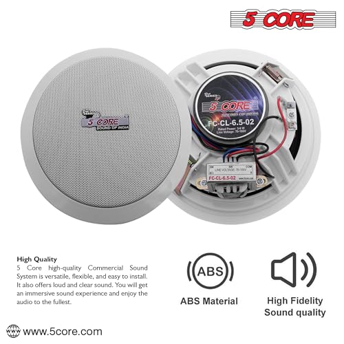 5 CORE 6.5” Inch Outdoor Indoor in Ceiling Speaker, Flush Mount in Wall Universal Speakers Waterproof for Paging Restaurant, Placement, Covered Porches CL 6.5-12 2W 6PCS
