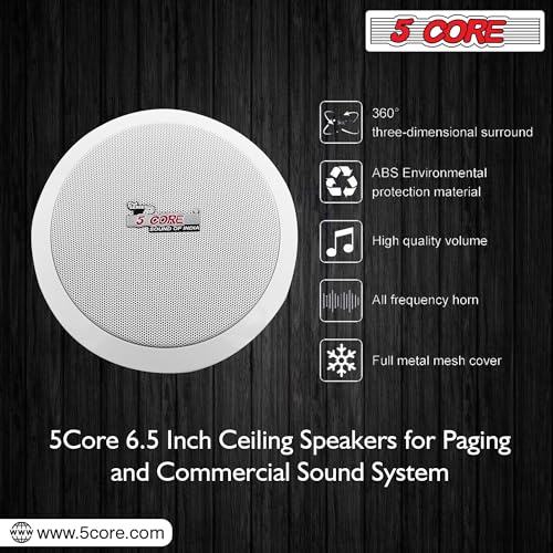 5 CORE 6.5” Inch Outdoor Indoor in Ceiling Speaker, Flush Mount in Wall Universal Speakers Waterproof for Paging Restaurant, Placement, Covered Porches CL 6.5-12 2W 6PCS