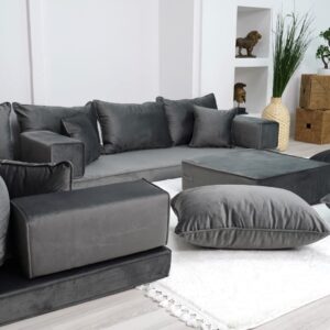 Dark Gray Color Modern Livingroom Floor Cushions, Sectional Sofas, Pallet Sofa, Moroccan Home Decor Livingroom Sofa, Luxury Arabic Sofa Set (L Sofa + Ottoman + Pillows)