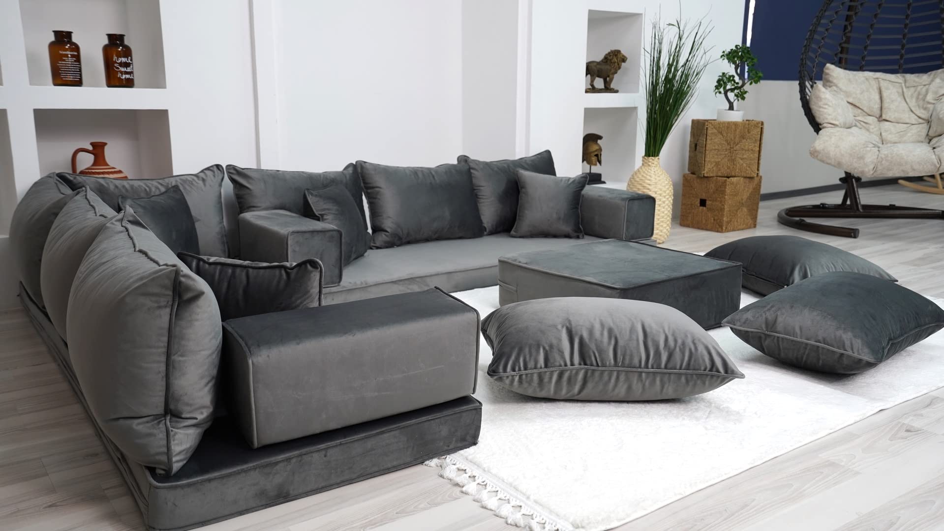 Dark Gray Color Modern Livingroom Floor Cushions, Sectional Sofas, Pallet Sofa, Moroccan Home Decor Livingroom Sofa, Luxury Arabic Sofa Set (L Sofa + Ottoman + Pillows)