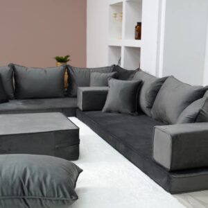 Dark Gray Color Modern Livingroom Floor Cushions, Sectional Sofas, Pallet Sofa, Moroccan Home Decor Livingroom Sofa, Luxury Arabic Sofa Set (L Sofa + Ottoman + Pillows)